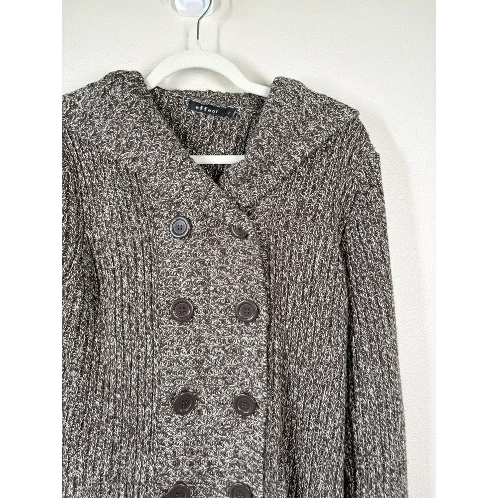 Women's  Large EFFECI Sweater Brown‎ /White Knit Hooded Double Buttons